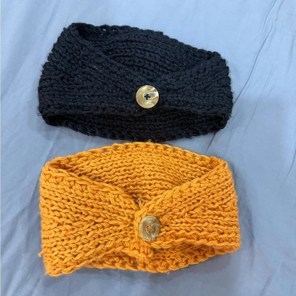 Black and Mustard Knit Headbands with Flower Detail